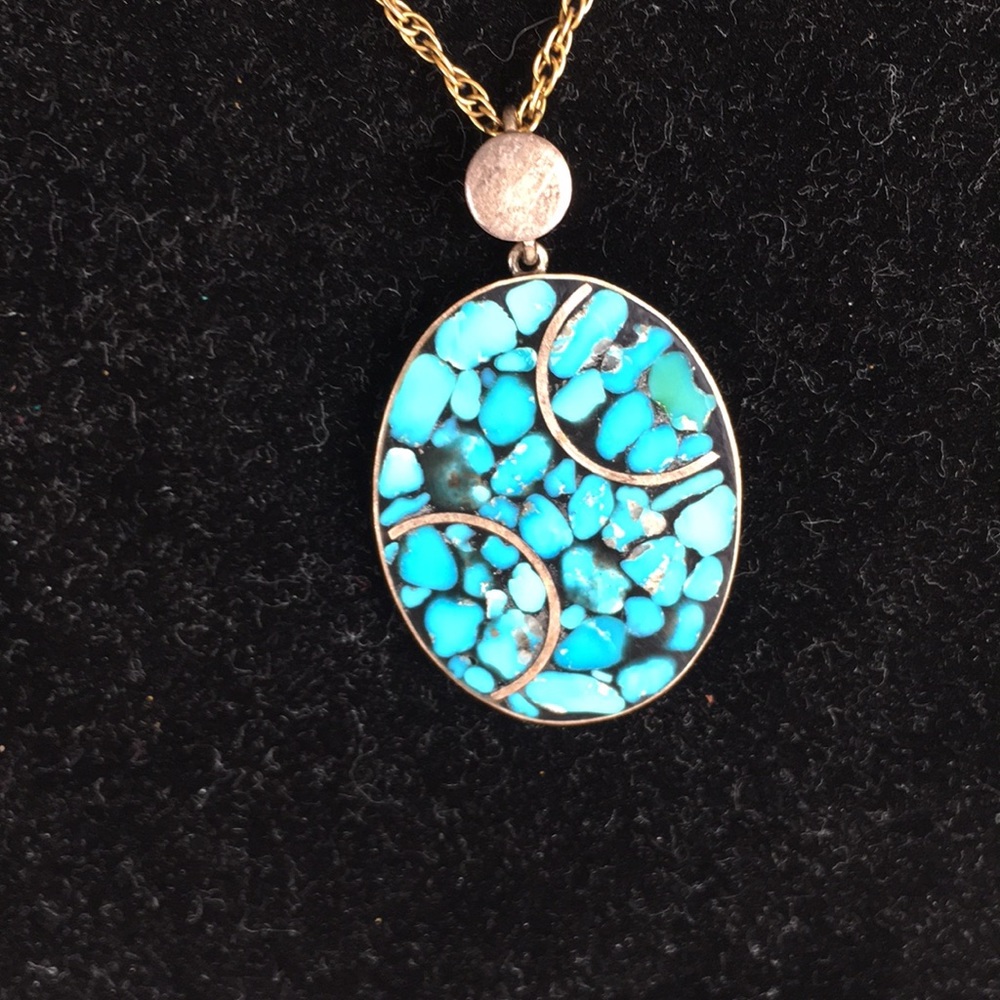 Mosaic inlay sterling pendant Persian turquoise